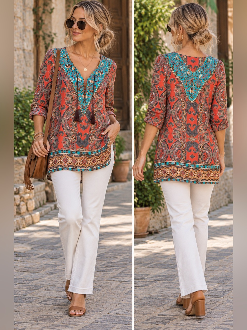 Feathers by Tolani Paisley Boho Tunic Top Coral Turquoise 100% Viscose Large